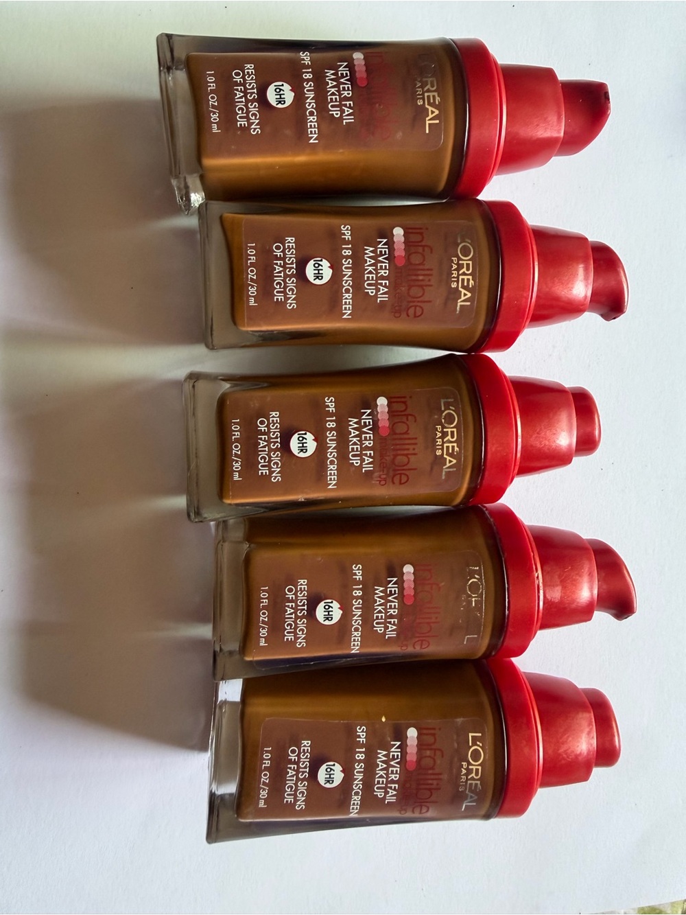 5 bottle LOREAL INFALLIBLE NEVER FAIL 16HR MAKEUP SPF18 624 COCOA uns DISC